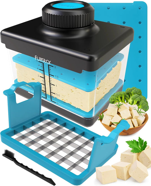 Fullstar 2-in-1 Tofupers & -snyer, Skottelgoedwasser-veilig, BPA-vry, Pershouer vir Ekstra-stywe & Sygladde Tofu (Blou)