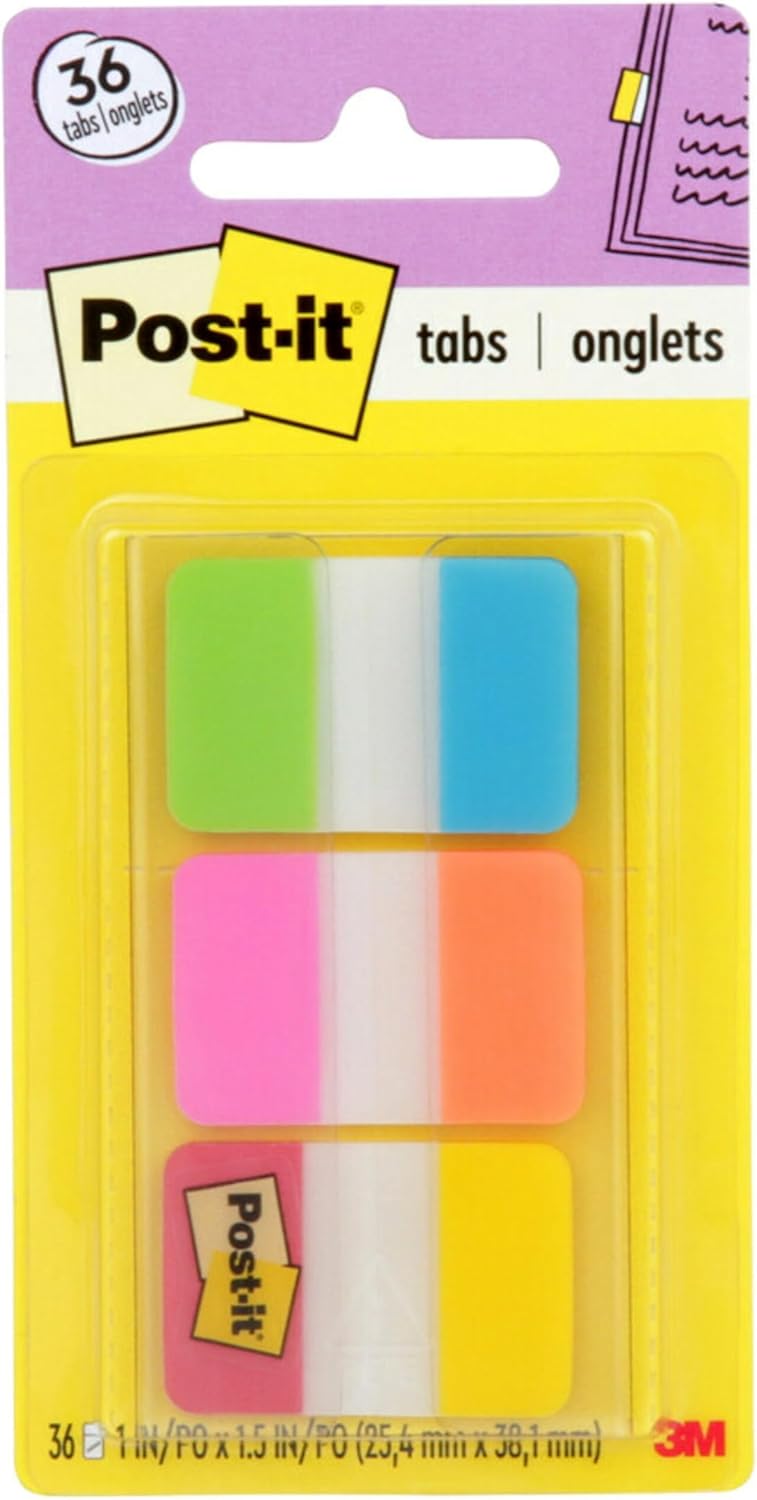 Post-it Tabs, 1 in Solid, Aqua, Yellow, Pink, Red, Green, Orange, 6/Color - Solid Style (36/Dispenser)