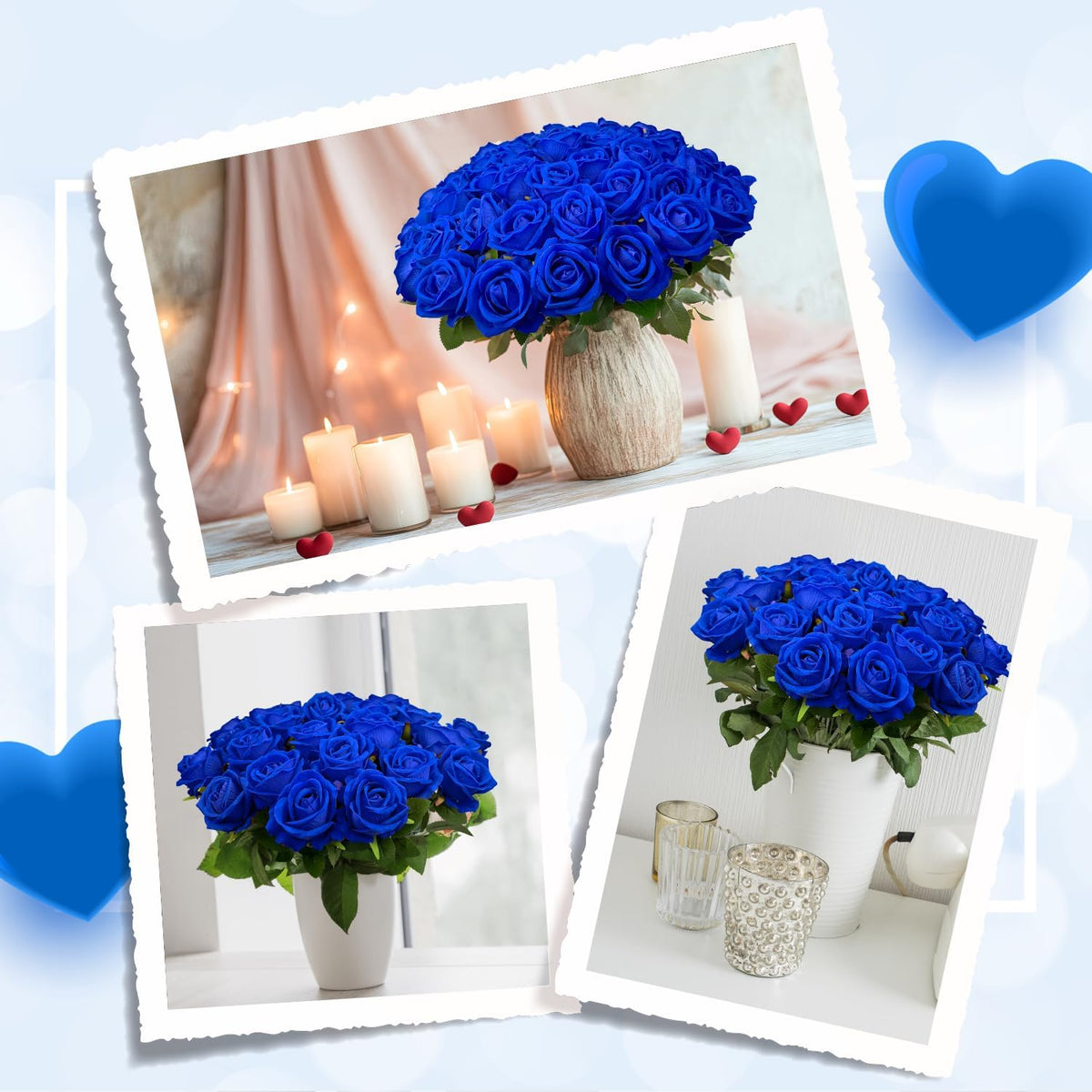 50 PCS Bulk Royal Blue Artificial Flowers, Fake Velvet Blue Roses W/ Stems