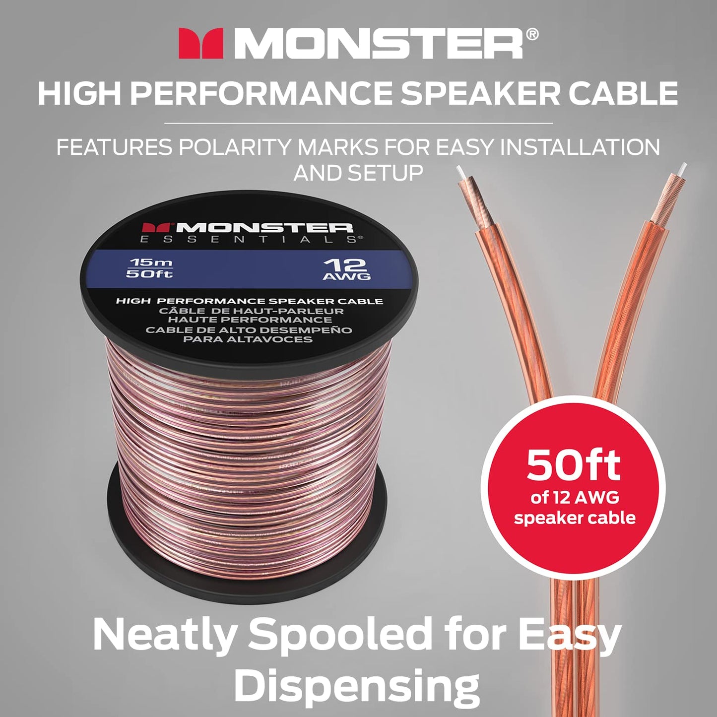 Monster XP Koperbeklede Aluminium (KBA) Luidsprekerdraad 12 Gauge Kabel 50 FT Katrol - Ideaal vir Tuisbioskoopkabels en Motorklankkabel
