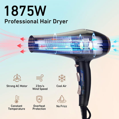 CONFU Haardroër, Professionele Ioniese Salonblaasdroër met Diffuser vir Vroue en Mans, 5X Vinniger Droog, Kragtige en Stil Haardroër vir Vinnige en Maklike Stilering (1875 Watt)