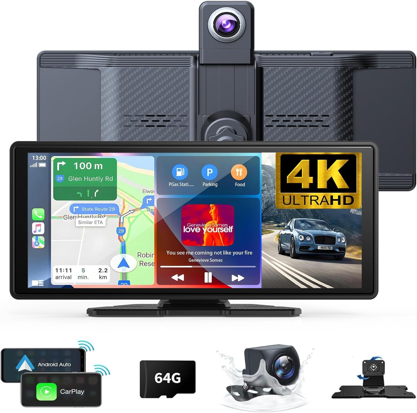 Wireless Carplay 4k Ultra HD Screen 10.26 Inches 360 Rotation Dash Cam Carplay & Android 1080p GPS Navigation/Mirror Link/Voice Control/Siri/FM Satellite Radio Receiver