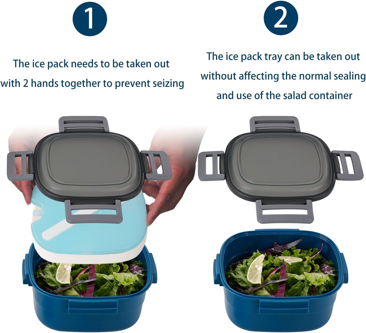 Freshmage Slaaikoppieshouer vir Middagete met Yspak, Lekvrye BPA-vry 52-oz met 4 Kompartemente, Slaai Middagetehouer vir Mans, Vroue (Blou+Yspak)