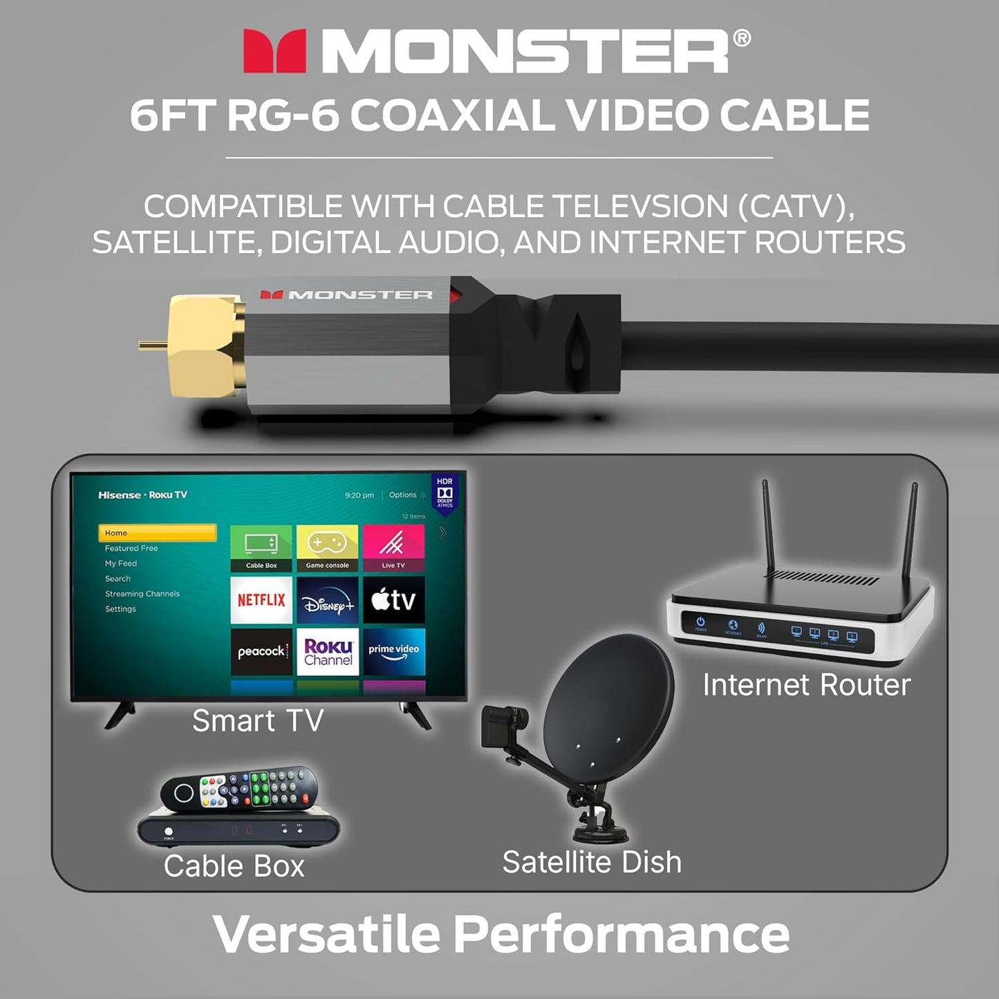 Monster Essentials RG-6 Koaksiaalkabel met Vergulde F-pen-koaksiaalkabelaansluiting - Hoëspoed-internetkabel met Duraflex-omhulsel en Metaalafskerming, 1.8 m