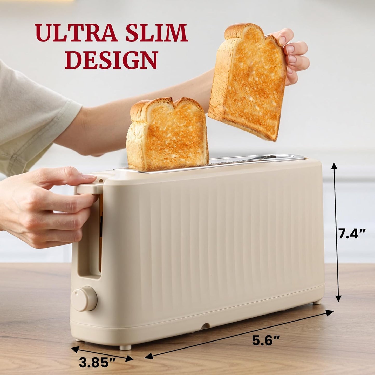 Gourmet Slim Toast 2-Sny Langgleufbroodrooster, Koel-aanraking Liggaam, 6 Roostersterkte-skakerings, Ekstra-wye 3.8 cm Gleuf vir Artisan Brood, Bagels, Wafels & Engelse Muffins – Cremello