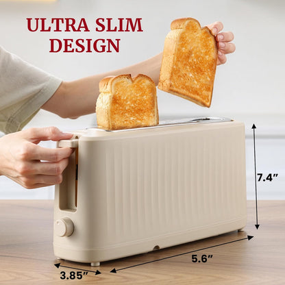 Gourmet Slim Toast 2-Sny Langgleufbroodrooster, Koel-aanraking Liggaam, 6 Roostersterkte-skakerings, Ekstra-wye 3.8 cm Gleuf vir Artisan Brood, Bagels, Wafels & Engelse Muffins – Cremello