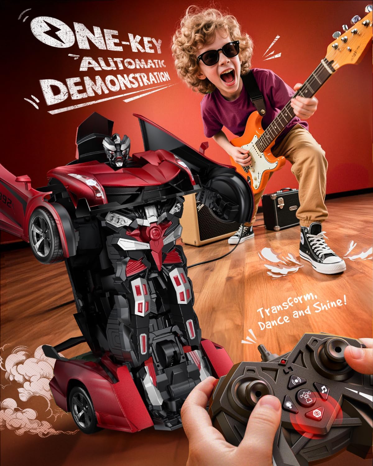 V992 Transform Remote Control Robot RC Cars 2-in-1 Robot Toy Car with Sound & Light,Gesture Sensing,Automatic Deformation (Red)