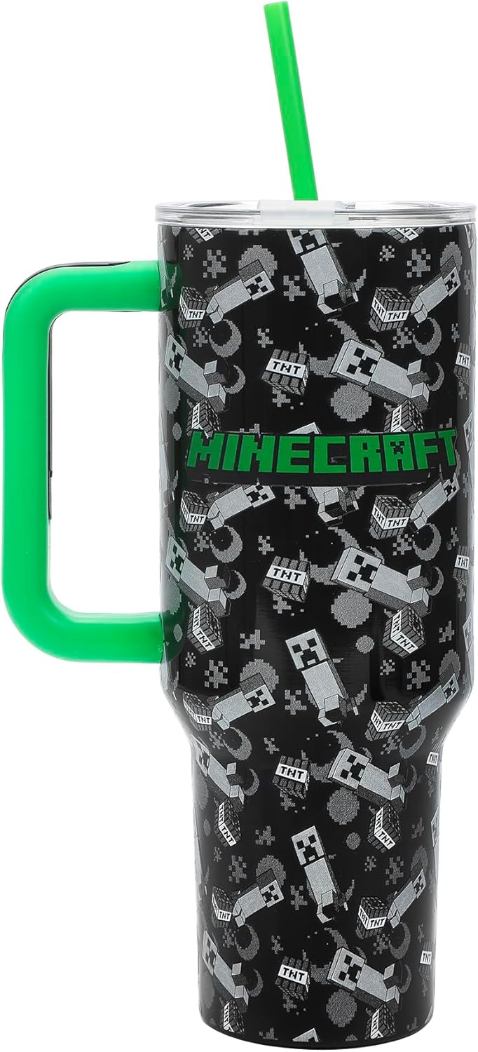 Insulated Stainless Steel Tumbler w/ Reusable Straw & Leak-Proof Lid Easy Carry Handle 40oz (Minecraft)