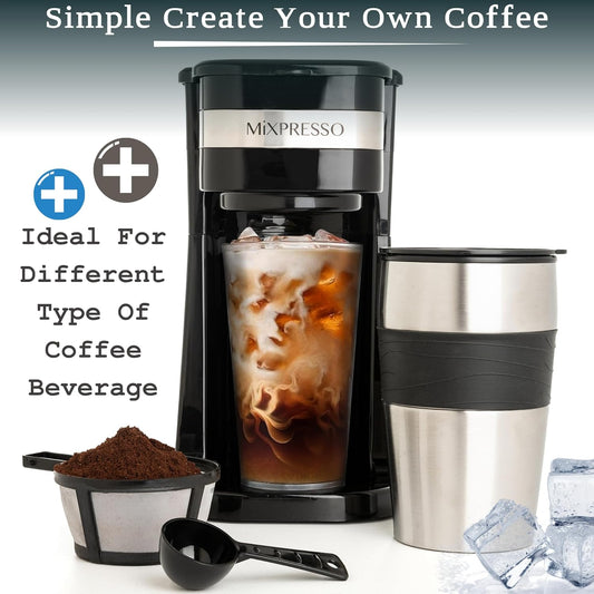 Mixpresso Swart Persoonlike Enkelbediening Koffiemaker met 414 ml Reismok, Drup Klein Koffiemaker met Outomatiese Afskakeling, Herbruikbare Filter, Werk Slegs met Gemaalde Koffie – Nie vir K-Cup Peule nie