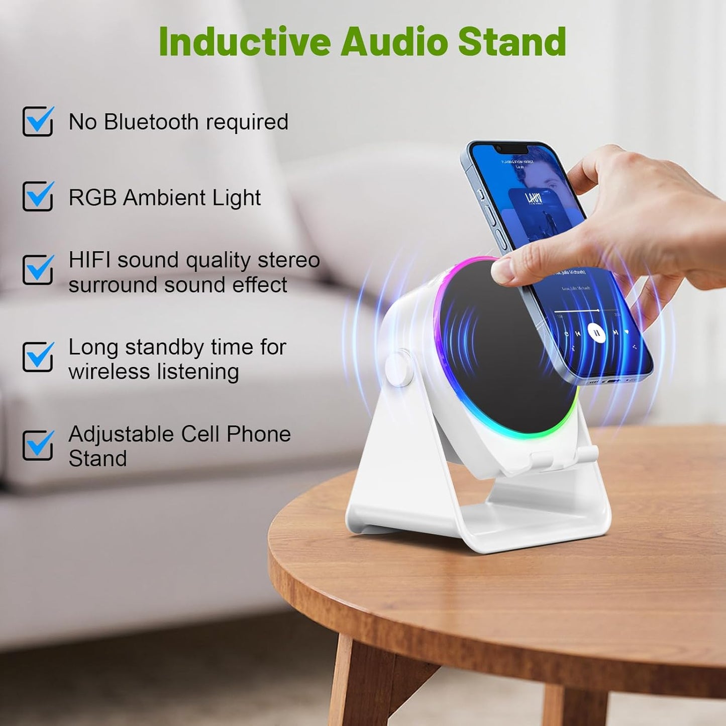 Wireless Induction Audio Bluetooth Speaker, 4 in 1 Phone Stand Speakers Amplifier with Colorful Ambient Light,360° Adjustable Holder- White