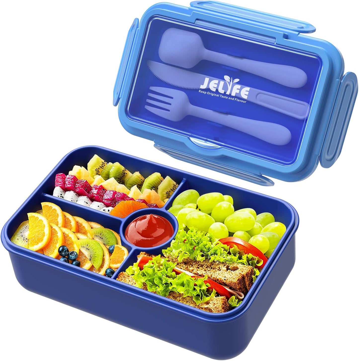Bento Lunch Box for Kids - Leakproof w/ 4 Compartments Tableware - Reusable On-the-Go Meal - Blue