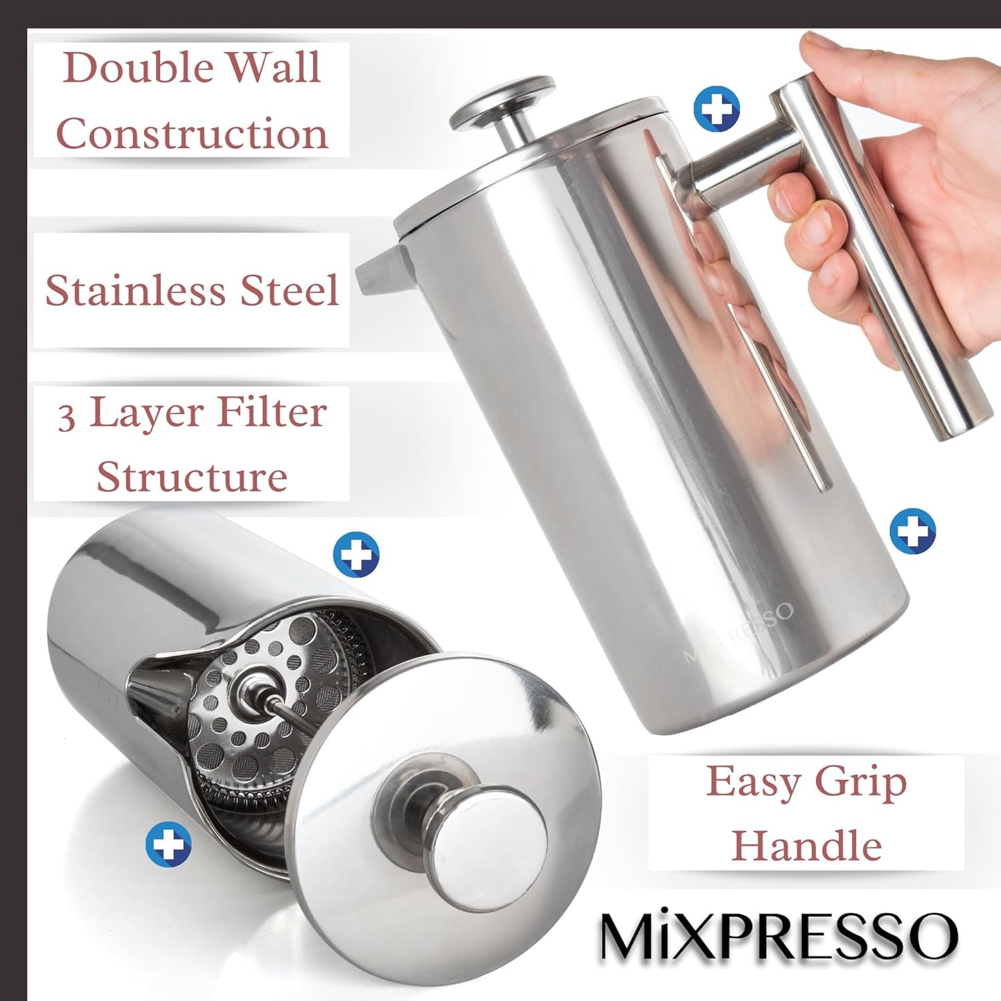 Mixpresso Vlekvrye Staal Franse Pers Koffiemaker 27 Oz 800 ml, Dubbelwand Geïsoleerde Franse Pers Vlekvrye Staal, Maklik Skoon Teebrouer, Maklike Druk Duursame Metaal Koffiepers