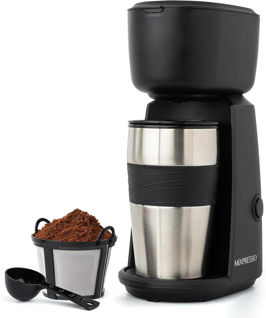Mixpresso Persoonlike Enkelbediening-koffiemaker en 414ml-reismok, Drup Klein Koffiemaker en Tuimelaar, Outo-afskakeling en Herbruikbare Filter, Versoenbaar met Gemaalde Koffie