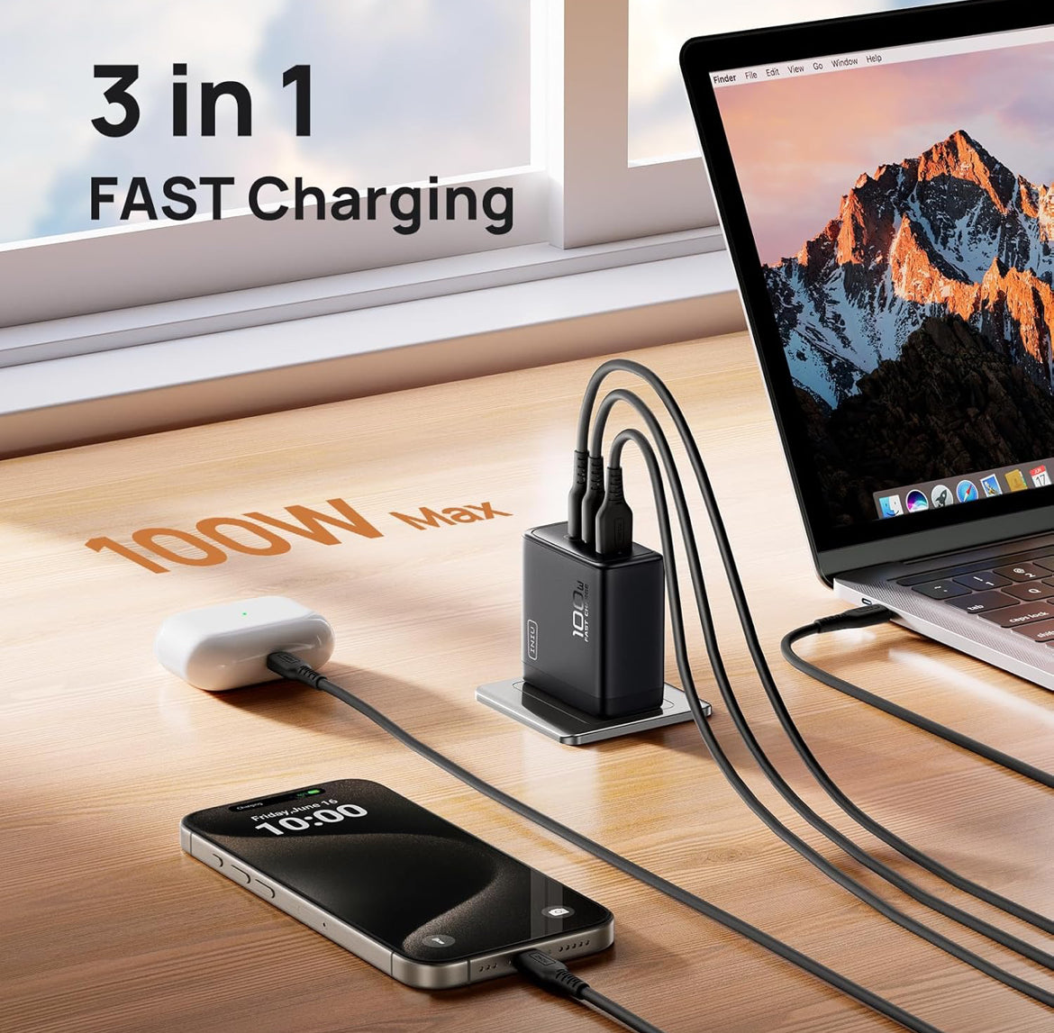 USB C Charger, INIU 3-Port 100W GaN Charger, Compact Foldable PD PPS USB C Wall Charger Block for MacBook Pro/Air, iPad Pro, Galaxy S23, Dell XPS 13, Note 20/10+, iPhone 16/15, Steam Deck, White