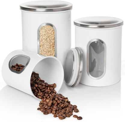 Mixpresso 3-stuk wit houerstelle vir die kombuis, lugdigte houerstel met deursigtige venster, stoorpotte vir koffiehouer, tee-organiseerder en suikerhouer, wit kombuishouers