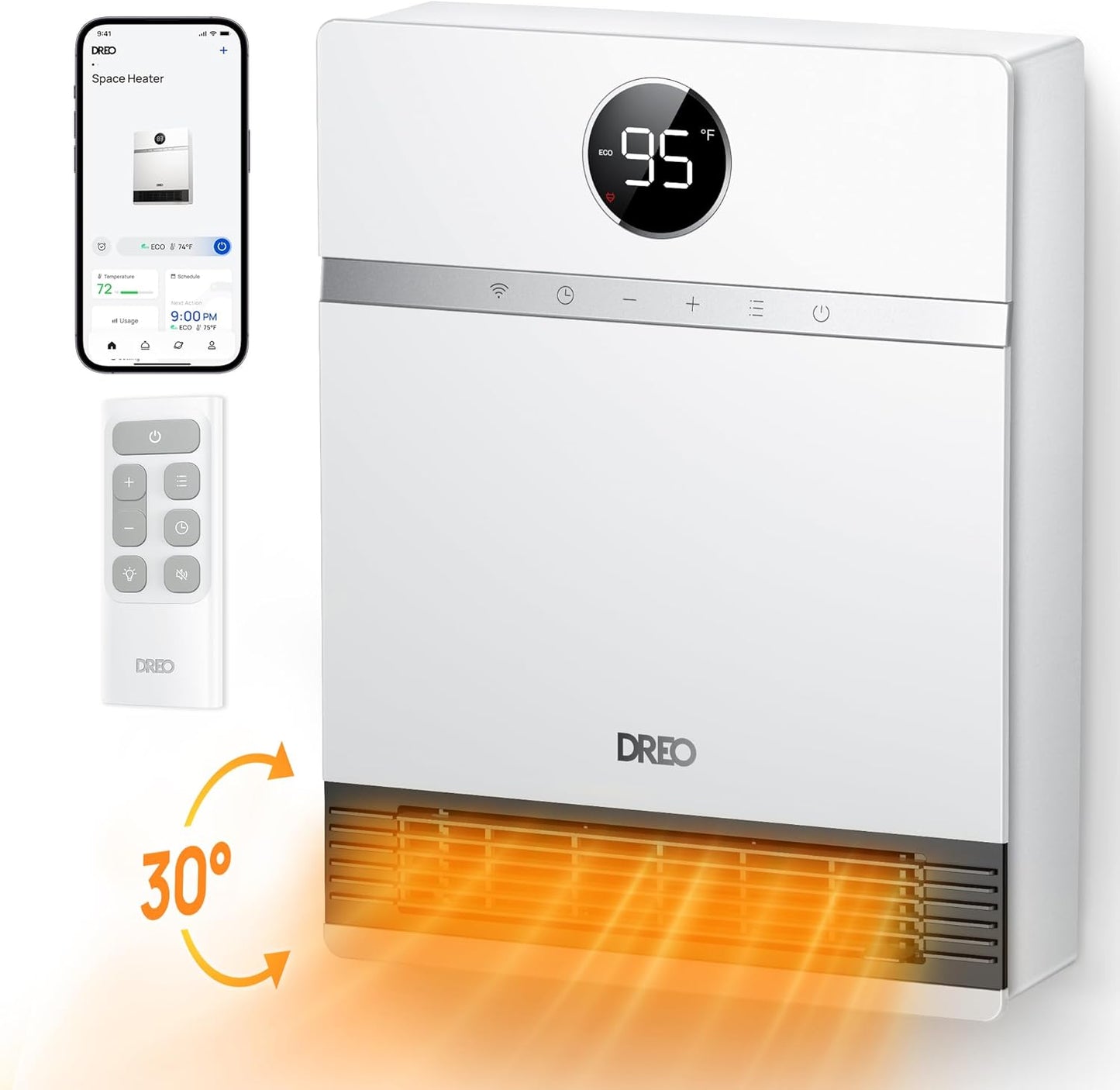 Slim Muurverwarmer, IP24 Elektriese PTC vir Binnenshuise Gebruik, 30° Ossillasie, Verstelbare Termostaat, Afstandsbeheer, Werk met Alexa, 24H-tydhouer, Maklik om te monteer - Wit
