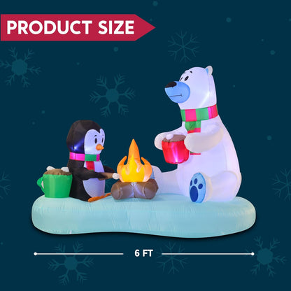 (6FT)  Long Christmas Inflatable Polar Bear and Penguin w/ Campfire, Blow Up Yard Decoration Build-in LEDs Winter Décor