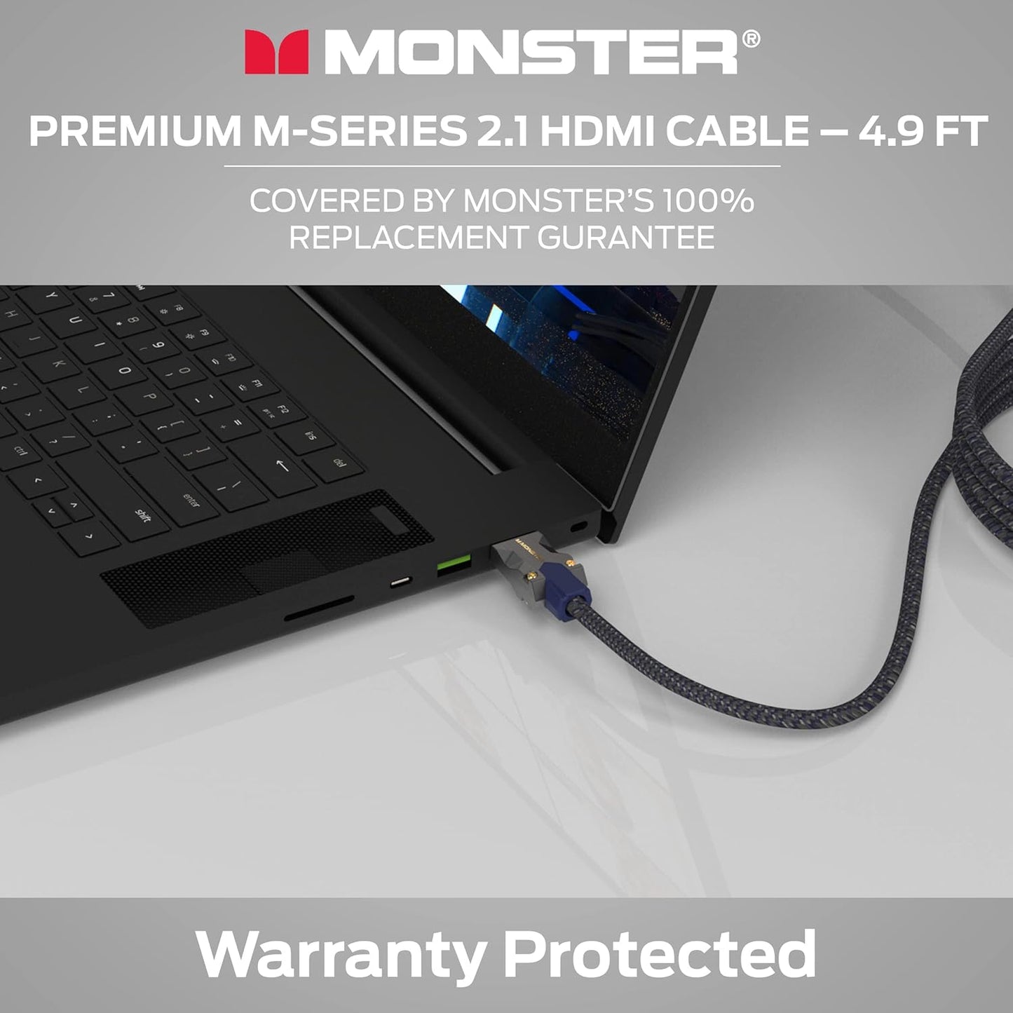 Monster M-reeks 3000 Gesertifiseerde Premium 8K Hoëspoed - 2.1, 4K 120Hz, 48 Gbps- HDMI Kabels vir Apple TV, Roku, Slim TV, Skootrekenaar, Monitor - 4.9 vt