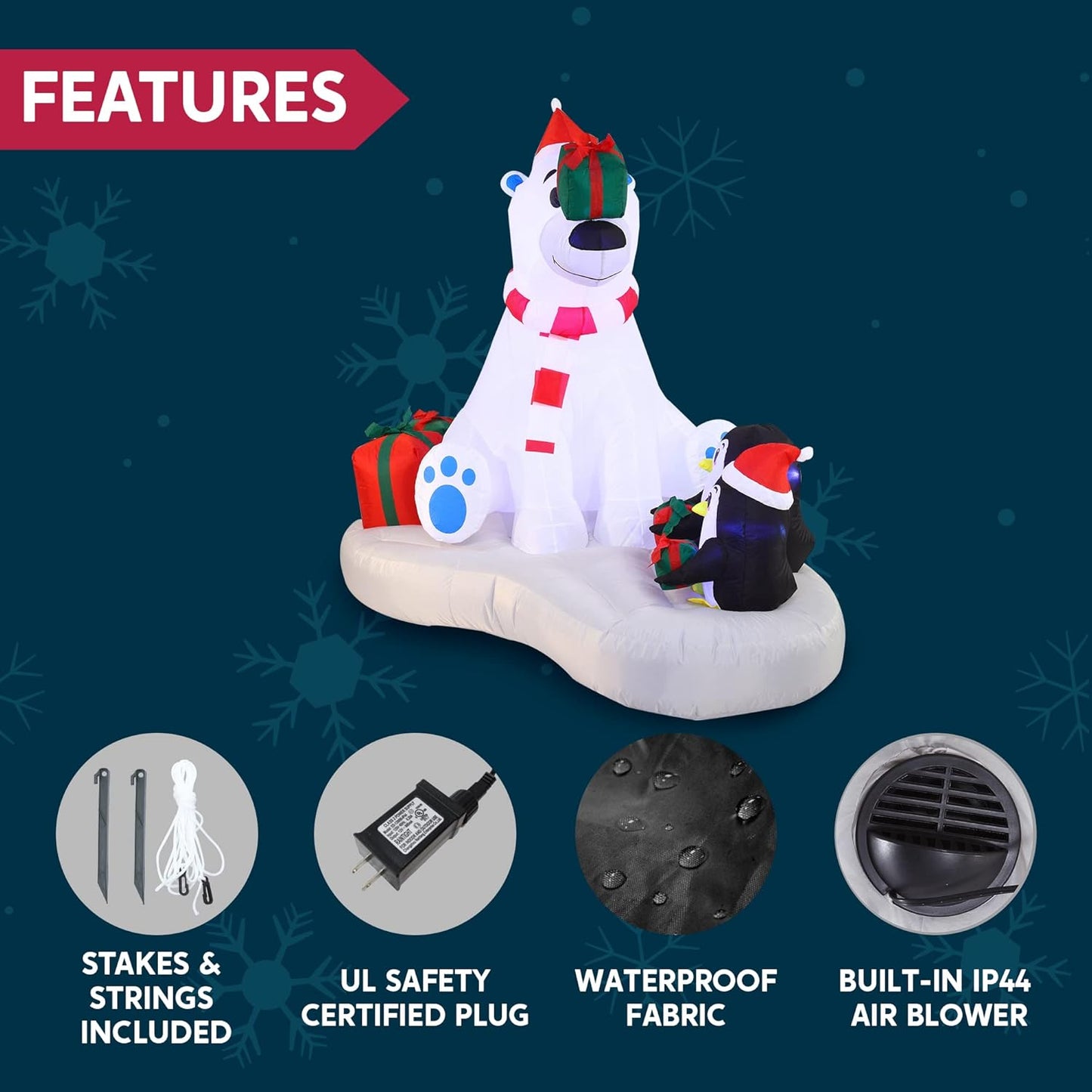 (6 FT) Long Christmas Inflatable Decoration Polar Bear & Penguins w/ Build-in LEDs, Blow Up Inflatable Holiday Season Decoration