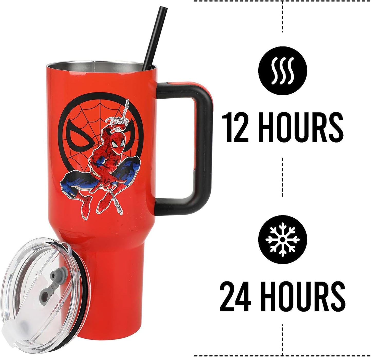 Insulated Stainless Steel Tumbler w/ Reusable Straw & Leak-Proof Lid Easy Carry Handle 40oz (Spiderman)