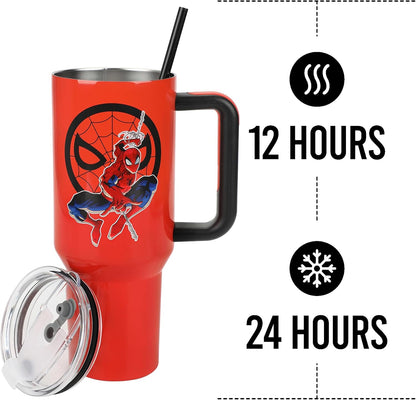 Insulated Stainless Steel Tumbler w/ Reusable Straw & Leak-Proof Lid Easy Carry Handle 40oz (Spiderman)