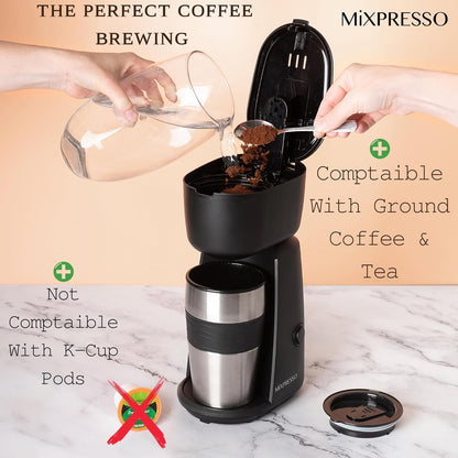 Mixpresso Persoonlike Enkelbediening-koffiemaker en 414ml-reismok, Drup Klein Koffiemaker en Tuimelaar, Outo-afskakeling en Herbruikbare Filter, Versoenbaar met Gemaalde Koffie