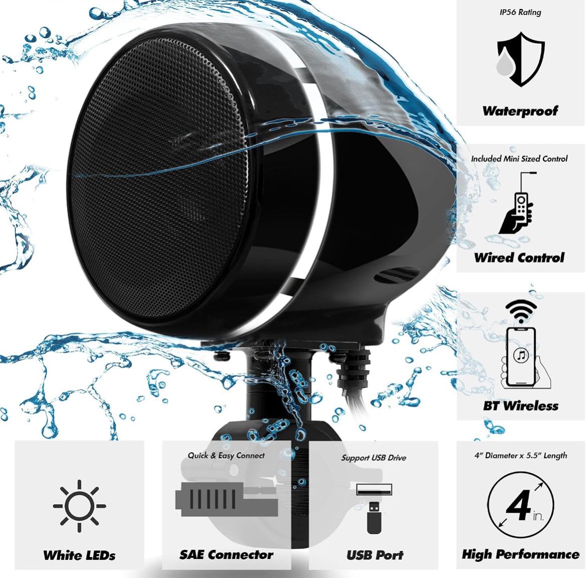 Motorcycle Bluetooth Speakers 4 Inch Motorcycle Radio with LED Ring
Waterproof 300W Speakers, Built-in Amplifier, USB/AUX,Wired Control, Great for Harley, ATV, scooters 4-Wheeler