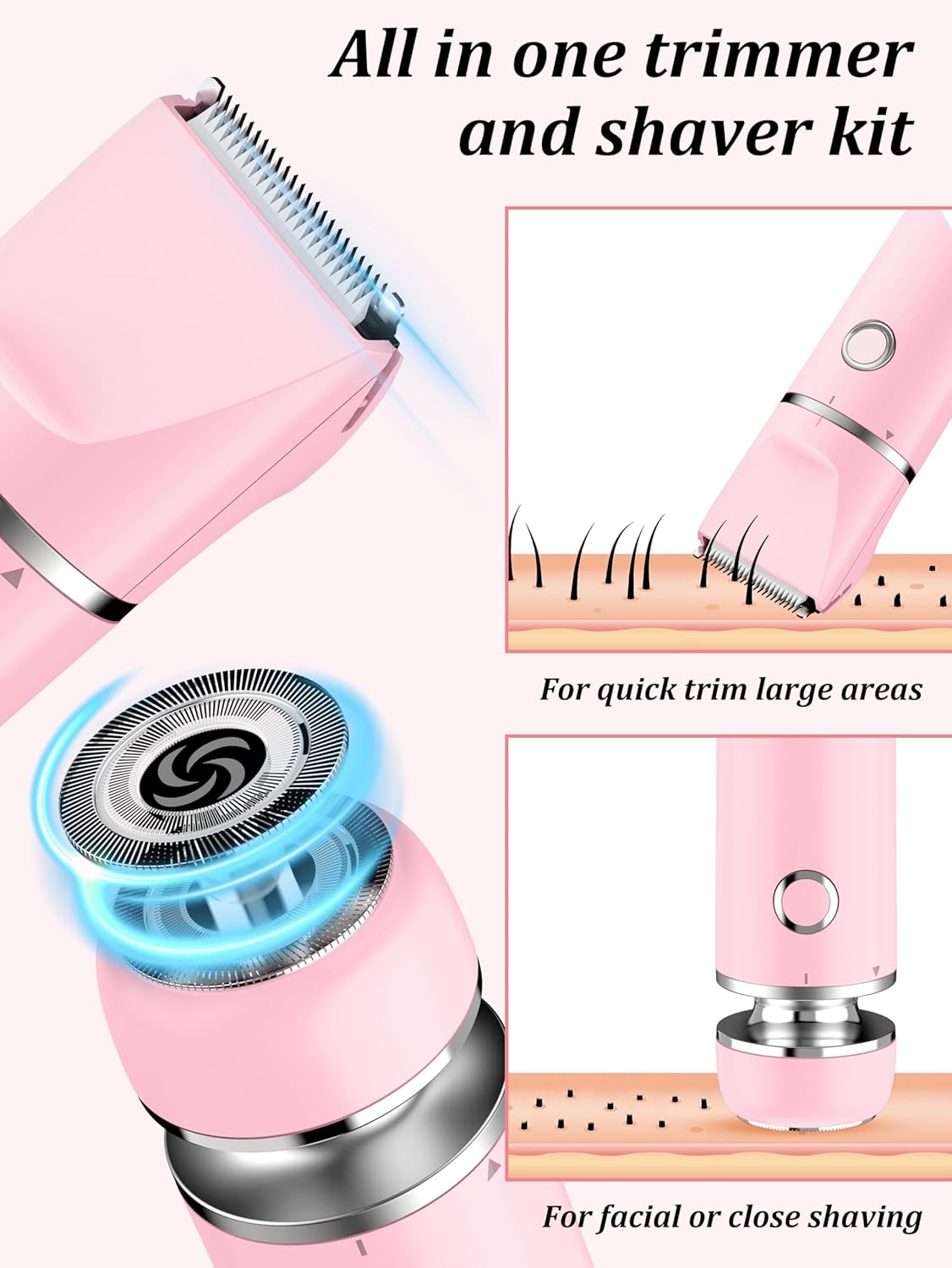 Bikini Trimmer and Shaver Kit  - 2-in-1 Wet/Dry Electric Body Hair Trimmer Facial Hair Removal Cordless Waterproof - (Pink)