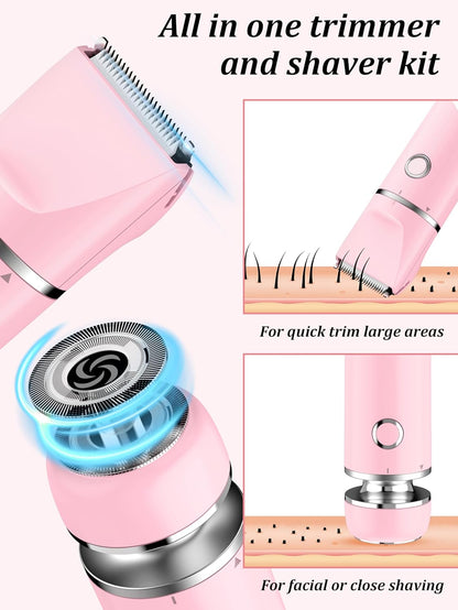 Bikini Trimmer and Shaver Kit  - 2-in-1 Wet/Dry Electric Body Hair Trimmer Facial Hair Removal Cordless Waterproof - (Pink)