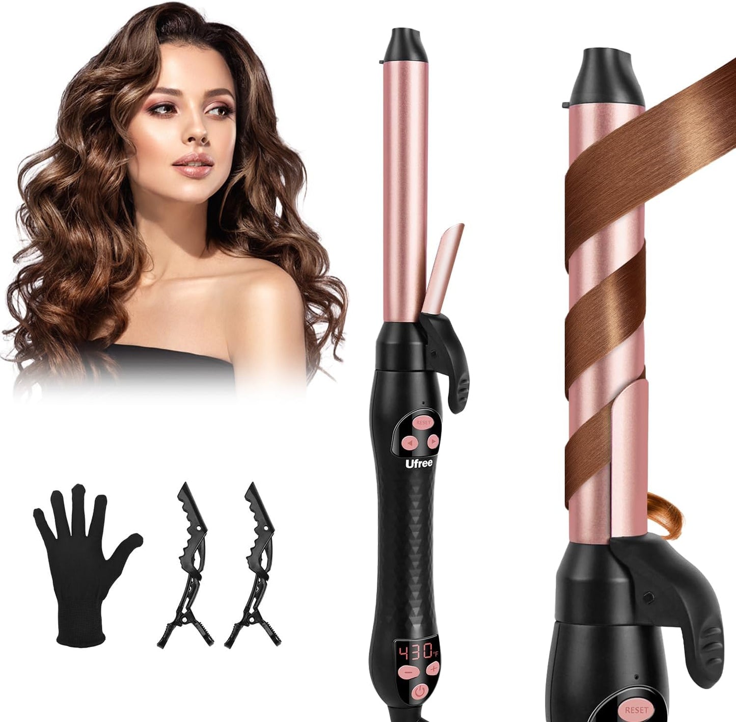Automatic Rotating Curling Iron – 1 Inch Ceramic Barrel Curling Wand for Medium to Long Hair & Beach Waves, Self-Spinning Hair Curler with LCD Display 250°F–430°F, Dual Voltage, Rose Gold