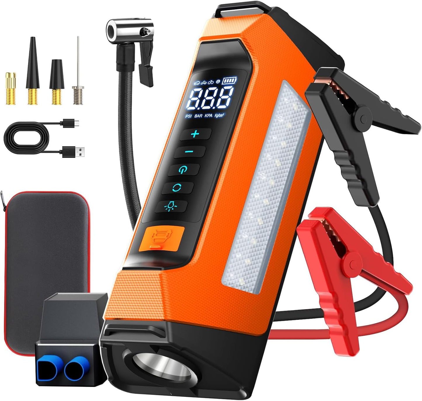 Car Jump Starter with Air Compressor 6000A, 800 Lumen LED Light and 180PSI Portable Battery Jump Box (9L Gas or 8L Diesel),12V Auto Tire Inflator Jumper Starter Combo with LCD Display (Orange)