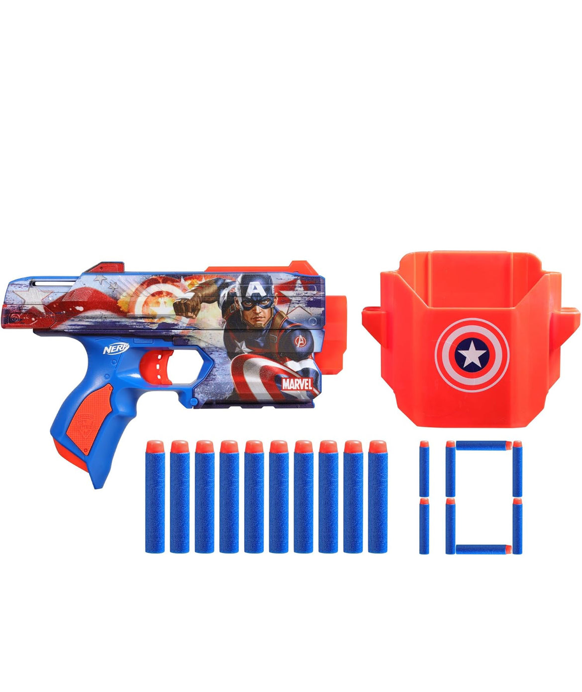 Nerf Marvel Captain America Dart Blaster, 10 Elite Darts, Holster, Toy Foam Blasters for 8 Year Old Boys & Girls & Up