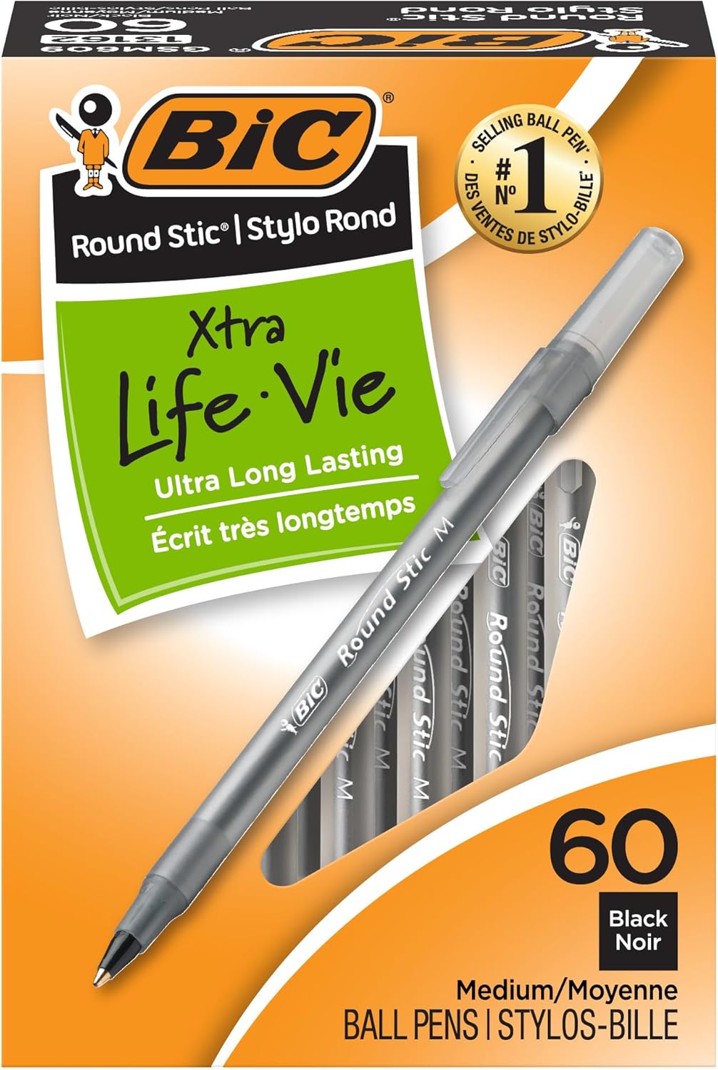 BIC Round Stic Xtra Life Ballpoint Pen, Ultra Long Lasting and Consistent Ink Flow - 60CT Black Ink (Pack of 2)