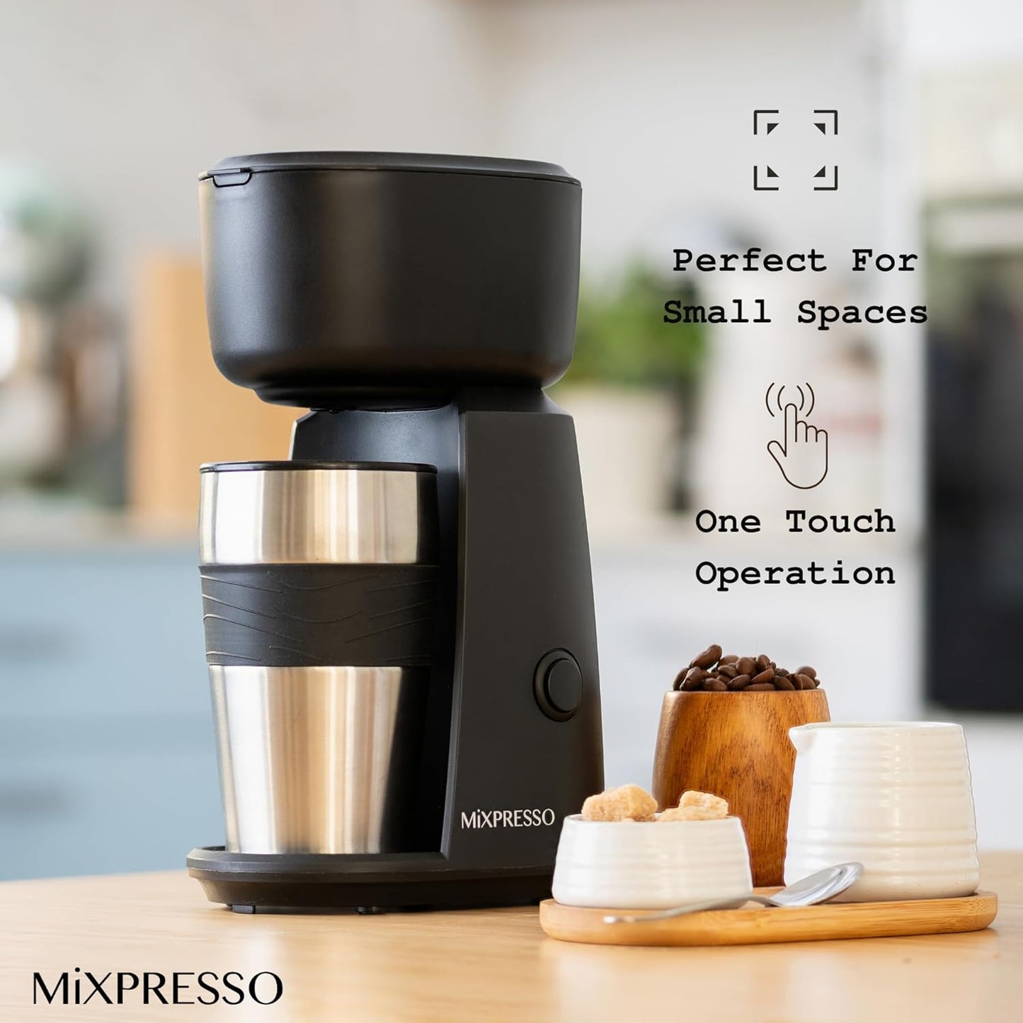 Mixpresso Persoonlike Enkelbediening-koffiemaker en 414ml-reismok, Drup Klein Koffiemaker en Tuimelaar, Outo-afskakeling en Herbruikbare Filter, Versoenbaar met Gemaalde Koffie