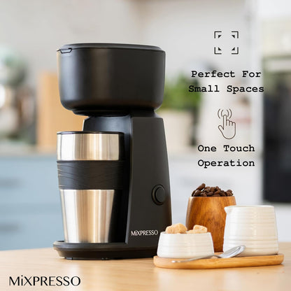 Mixpresso Persoonlike Enkelbediening-koffiemaker en 414ml-reismok, Drup Klein Koffiemaker en Tuimelaar, Outo-afskakeling en Herbruikbare Filter, Versoenbaar met Gemaalde Koffie