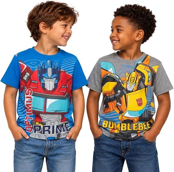 Transformers Boys 2 Pack Cotton Tee Optimus Prime Bumblebee Shirts Officially Licensed, Vibrant Soft Cotton Fabric T-Shirt, Short Sleeve Crewneck, Comfortable for School, Play & Everyday Wear