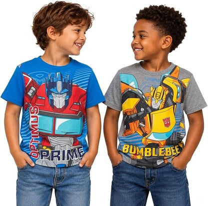 Transformers Boys 2 Pack Cotton Tee Optimus Prime Bumblebee Shirts Officially Licensed, Vibrant Soft Cotton Fabric T-Shirt, Short Sleeve Crewneck, Comfortable for School, Play & Everyday Wear