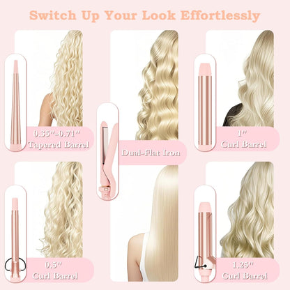 5 in 1 Curling Iron with Ceramic Barrels (0.35"-1.25"), Curling Wand Set with Flat Iron Hair Straightener, Instant Heat Up, Dual Voltage Hair Curler, Gifts for Women, Pink
