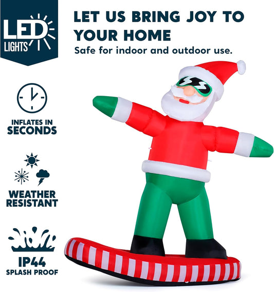 (6FT) Tall Christmas Inflatables Decorations Snowboarding Santa, Blow Up Yard Build-in LED Decor