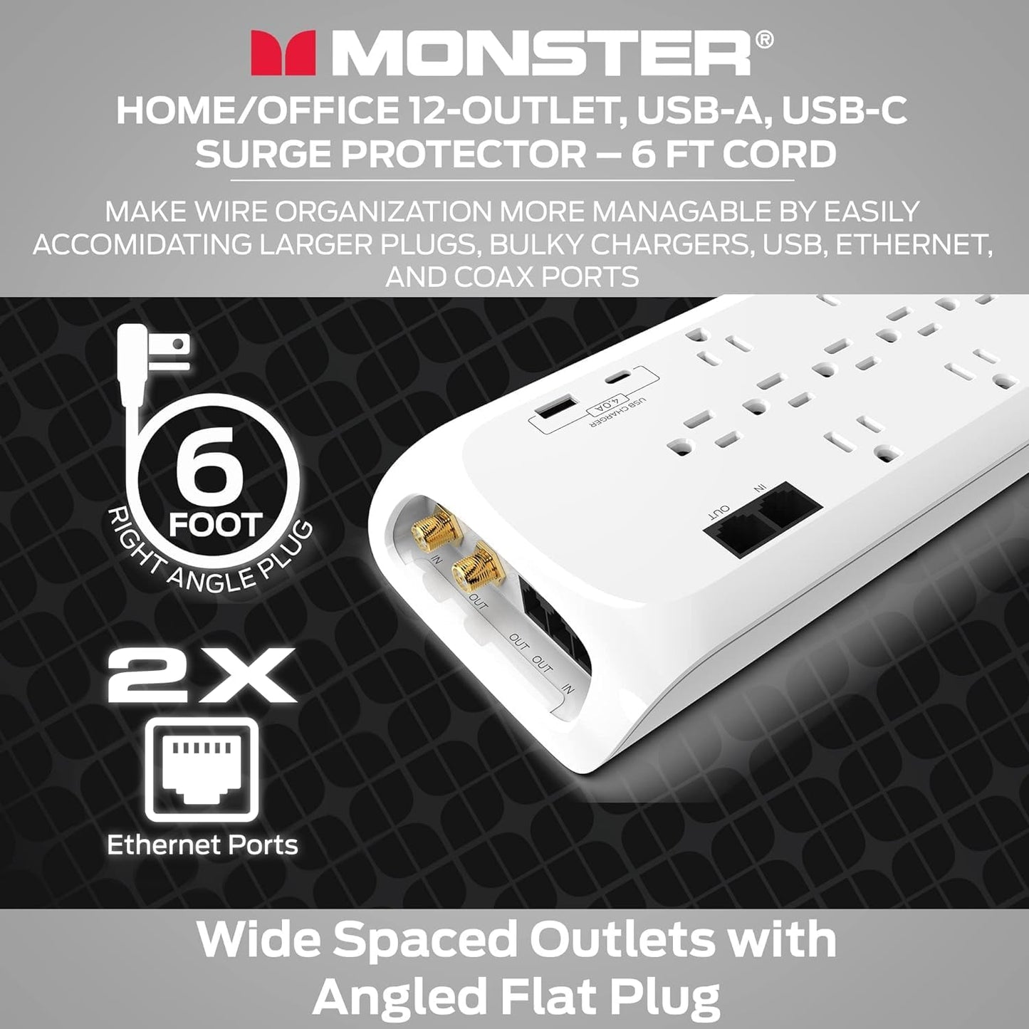 Monster 6ft White Power Strip and Tower Surge Protector, Heavy Duty Protection with 4050 Joule Rating, 12 120V-Outlets, 1 USB-A, and 1 USB-C Ports - Ideal for Computers, Home Theatre, Home Appliances