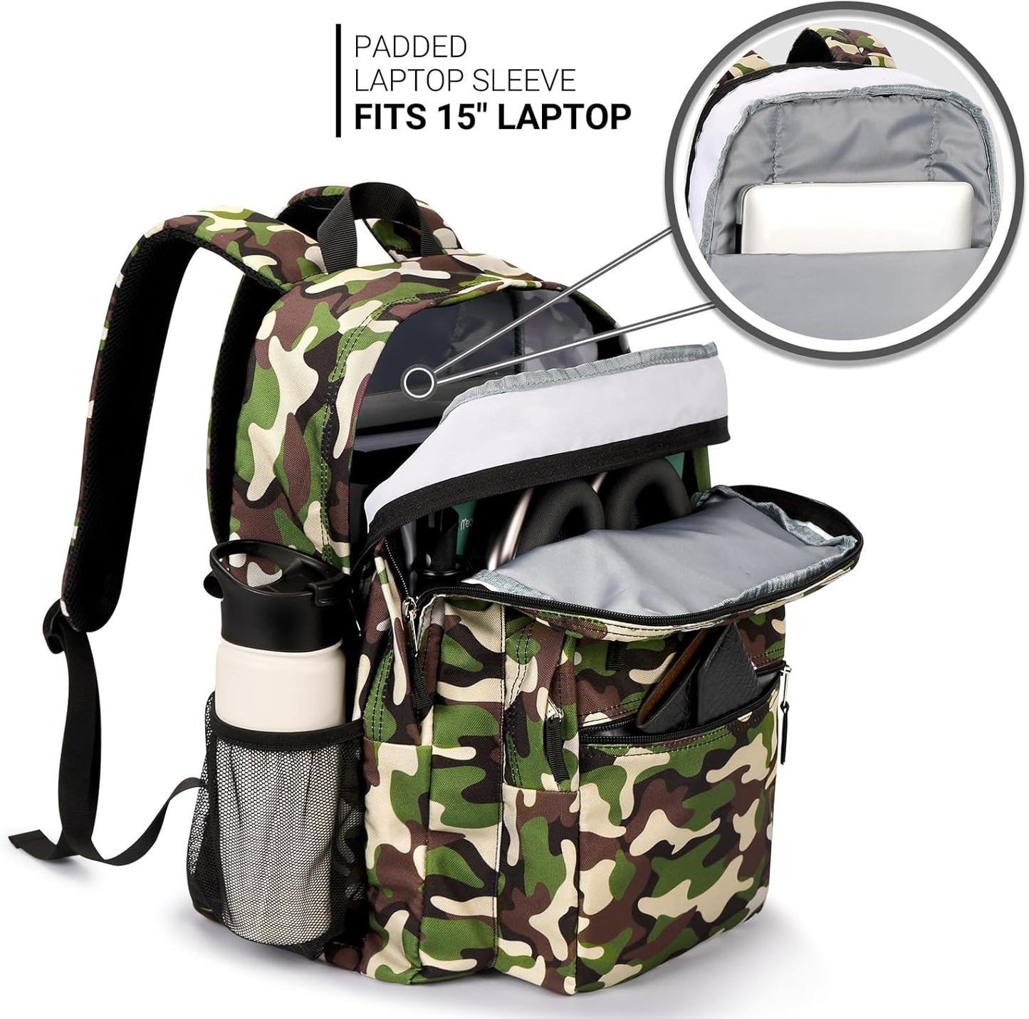 26L Backpack for School, College, and Travel: Water Resistant Bookbag with 8 Compartments - Buckshot Camo