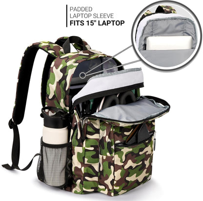 26L Backpack for School, College, and Travel: Water Resistant Bookbag with 8 Compartments - Buckshot Camo