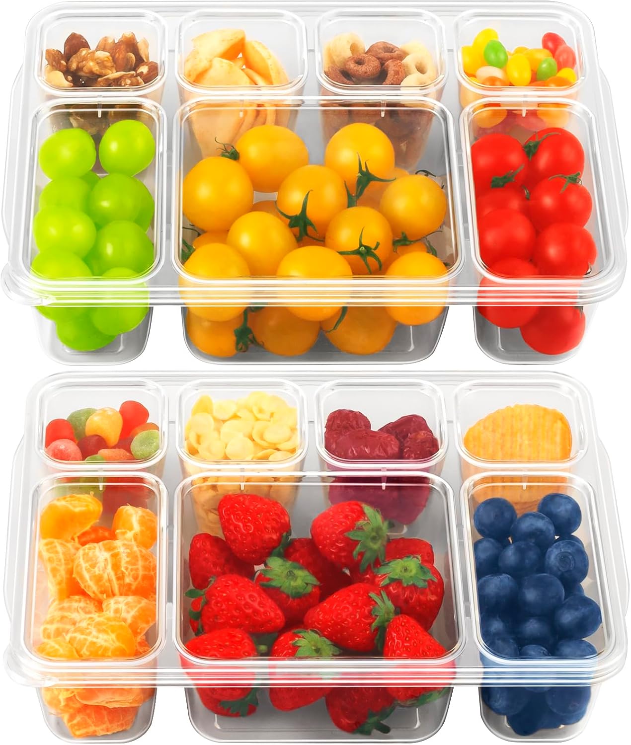 Freshmage Snackle Box Houer - 2 Pak, 7 Kompartement Verdeelde Opdienbak met Deksel, Draagbare Deursigtige Happieboks Houers vir Lekkers, Vrugte, Neute en Peuselhappies – Ideaal vir Reis, Partytjies, Pieknieks