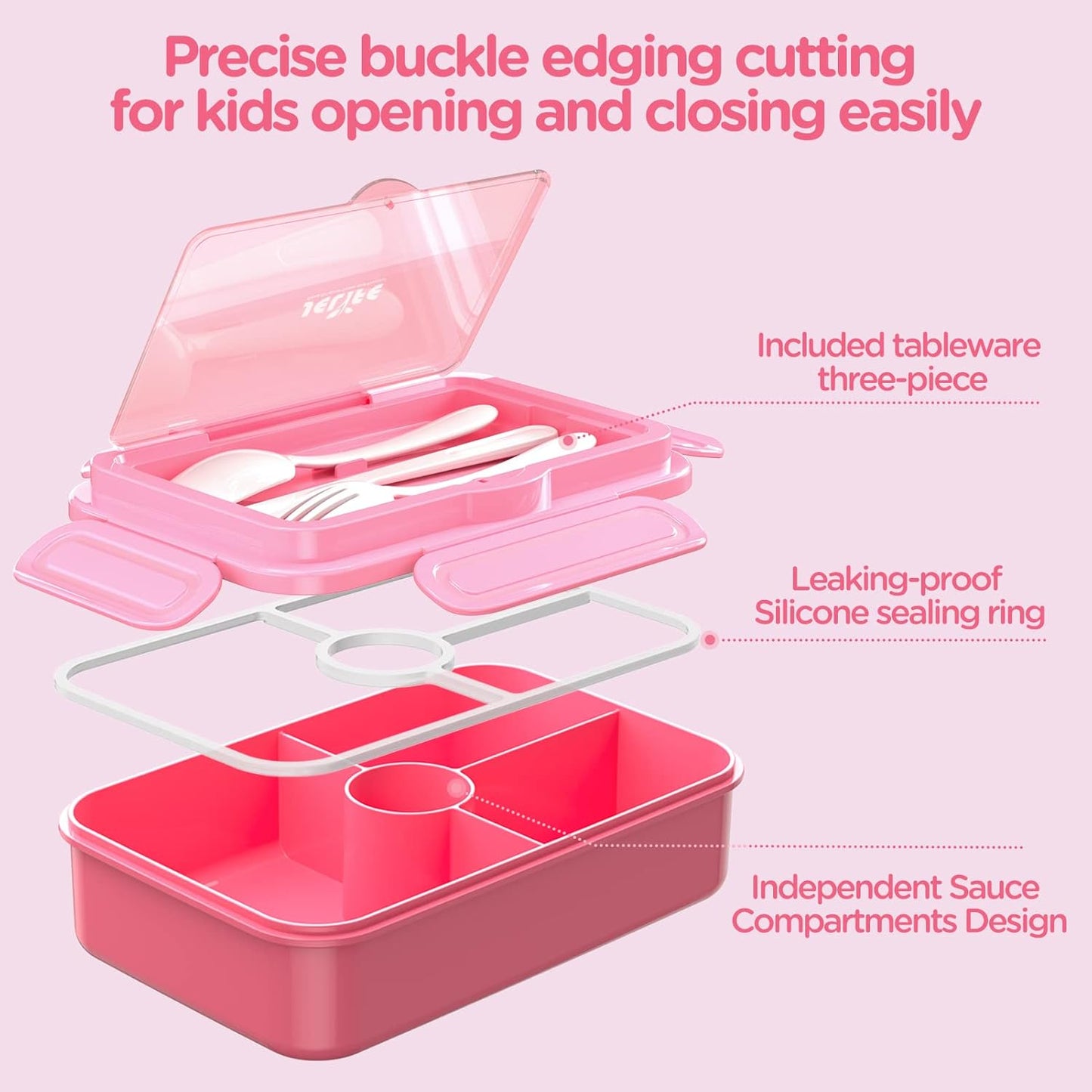 Large Bento-Style Leakproof Boxes 4 Compartments Snack Containers w/ Tableware Reusable On-the-Go Meal - Pink