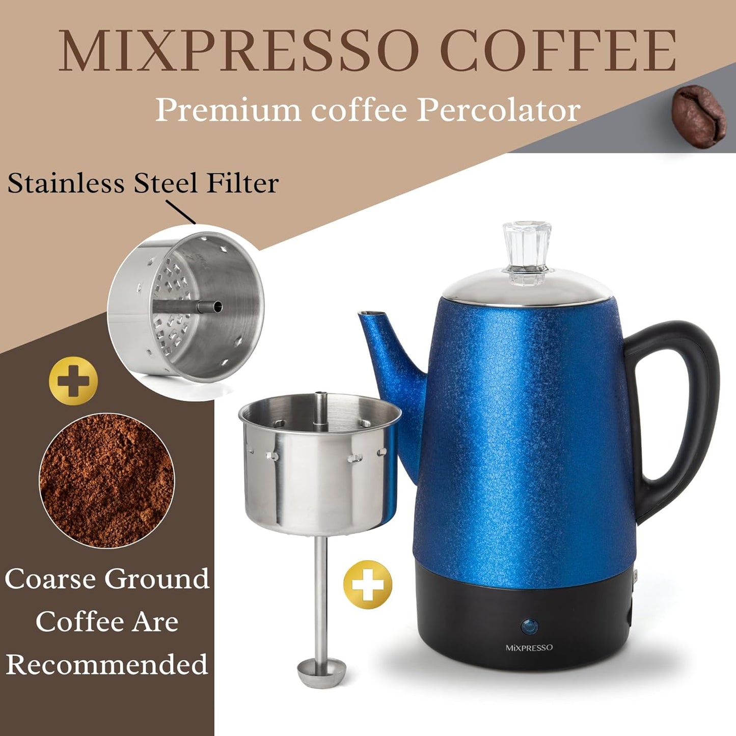 Mixpresso 10 Koppie Elektriese Perkolator Koffiepot, Vlekvrye Staal Elektriese Koffieperkolator Met Warmhoufunksie, Klassieke Perkolatorpot Met Verwyderbare Mandjie vir Huis of Kantoor - Blinkblou