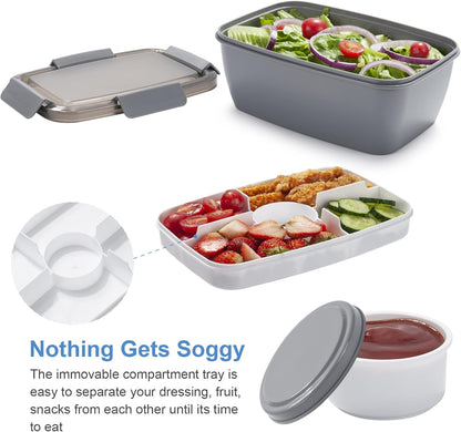 Freshmage Slaai Middagete Houer Vir Onderweg, 68-oz Grys-XL, Lekvrye Deksel, 4 Kompartemente, Soushouer, Veilige Materiaal, Maklik Om Te Dra