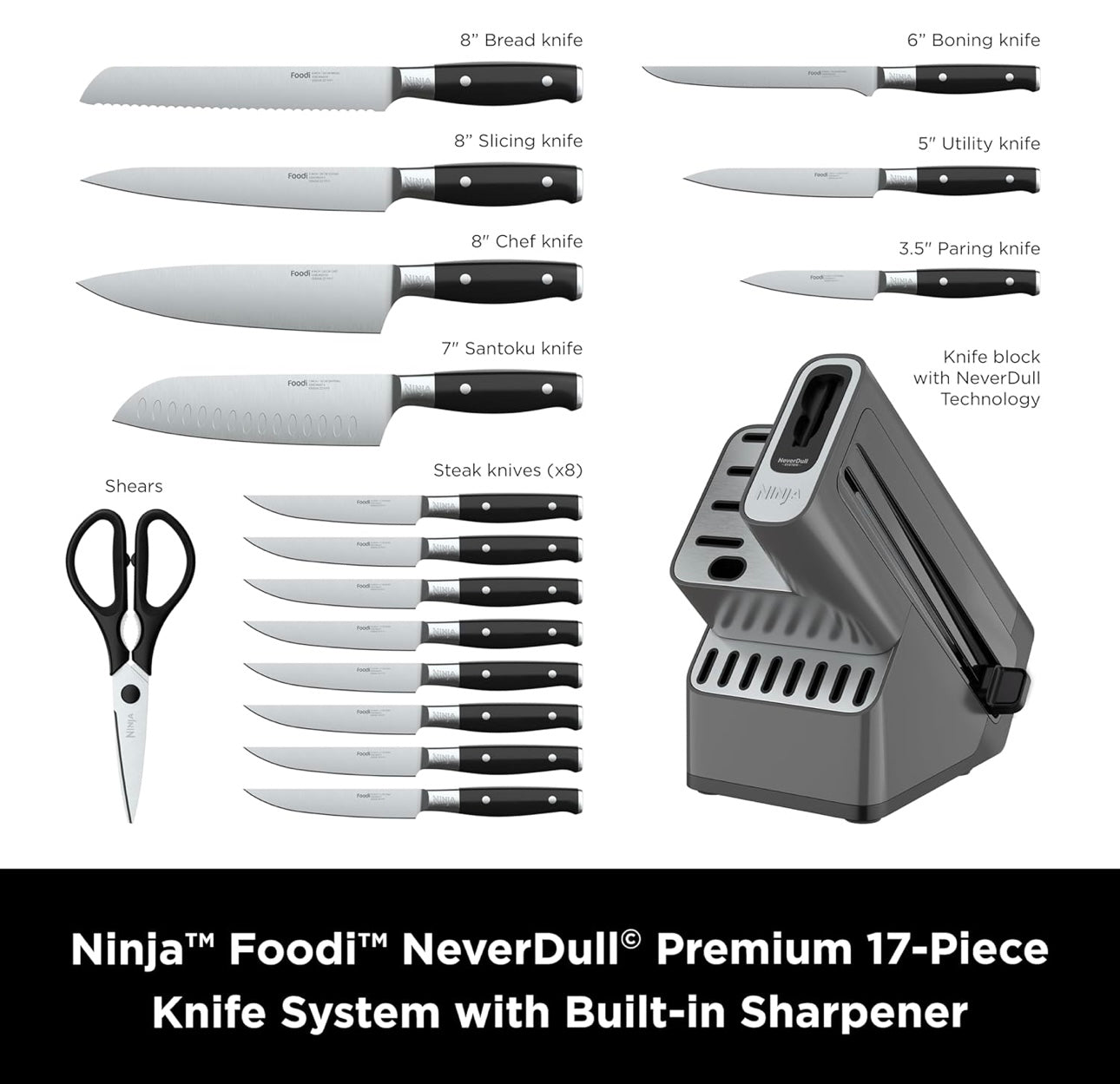 Ninja K32017 Foodi NeverDull Premium Messe Stelsel, 17 Stukke Messeblokstel met Ingeboude Skerpmaker, Duitse Vlekvrye Staal Messe, Swart