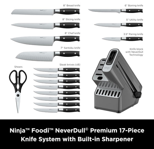Ninja K32017 Foodi NeverDull Premium Messe Stelsel, 17 Stukke Messeblokstel met Ingeboude Skerpmaker, Duitse Vlekvrye Staal Messe, Swart