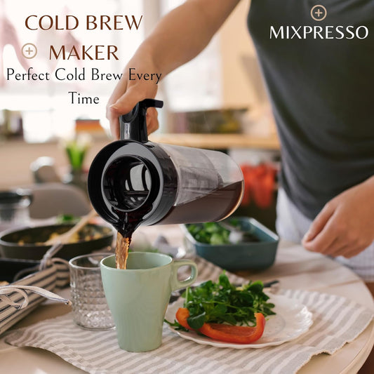 Mixpresso Koue Brouer vir Yskoffie en Ystee, Koue Koffiemaker Glasbeker, Tee-infuser vir Los Blaar Tee, 44oz Groot Ystee Brouer met Maklik Skoonmaakbare Herbruikbare Maasfilter.