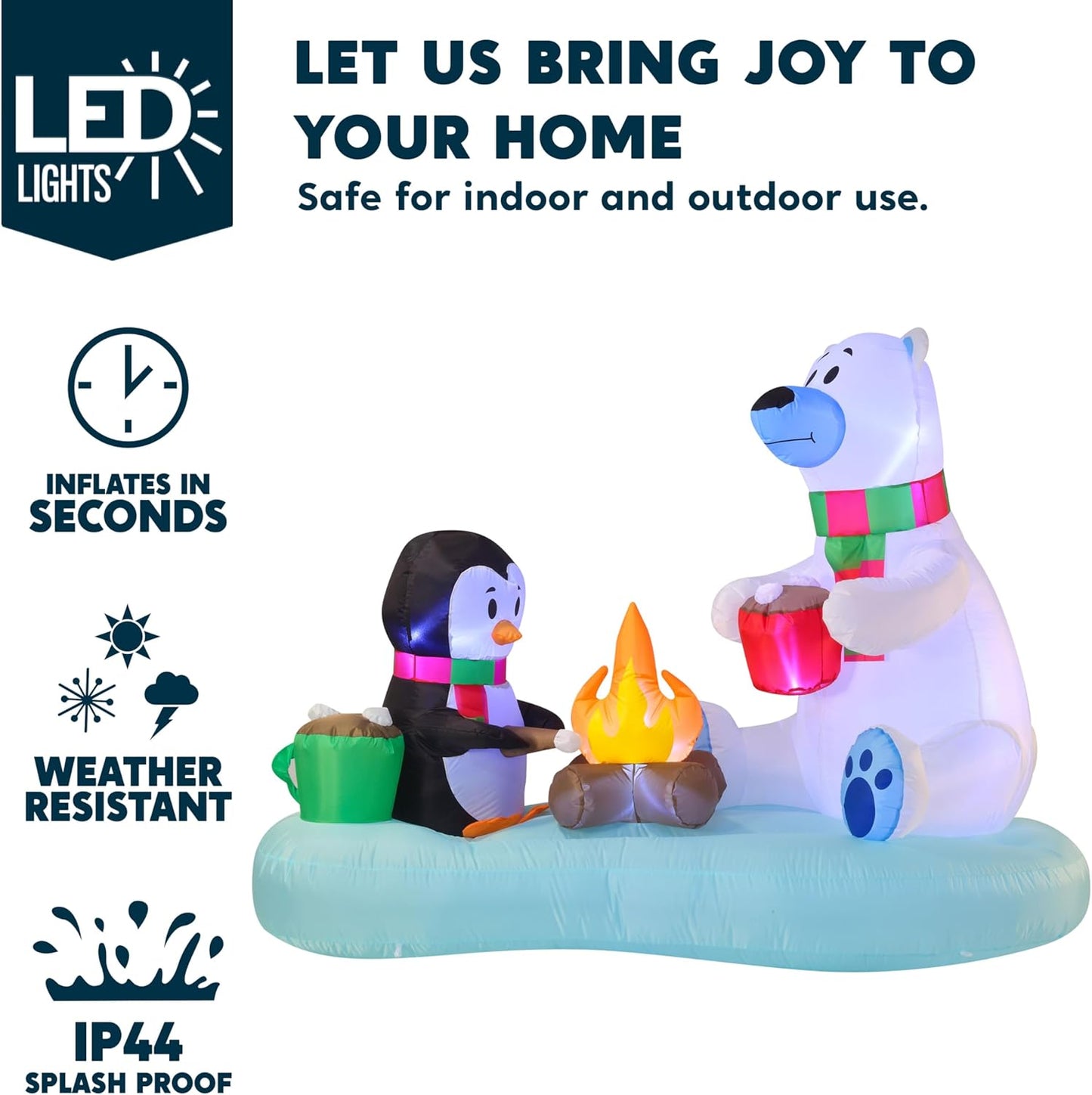 (6FT)  Long Christmas Inflatable Polar Bear and Penguin w/ Campfire, Blow Up Yard Decoration Build-in LEDs Winter Décor